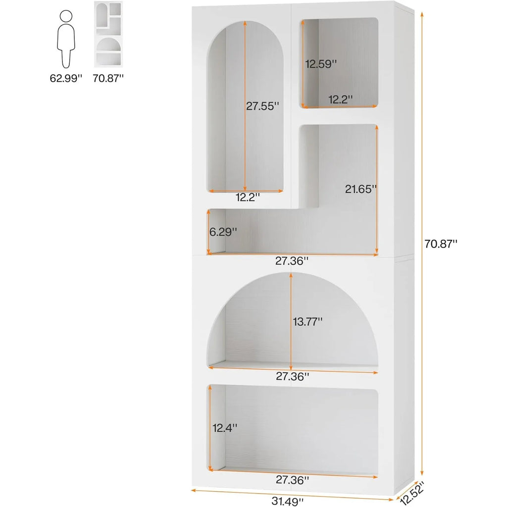 70.87" Tall Geometric Bookshelf, White Arched Bookcase, 5 Irregular Shelves