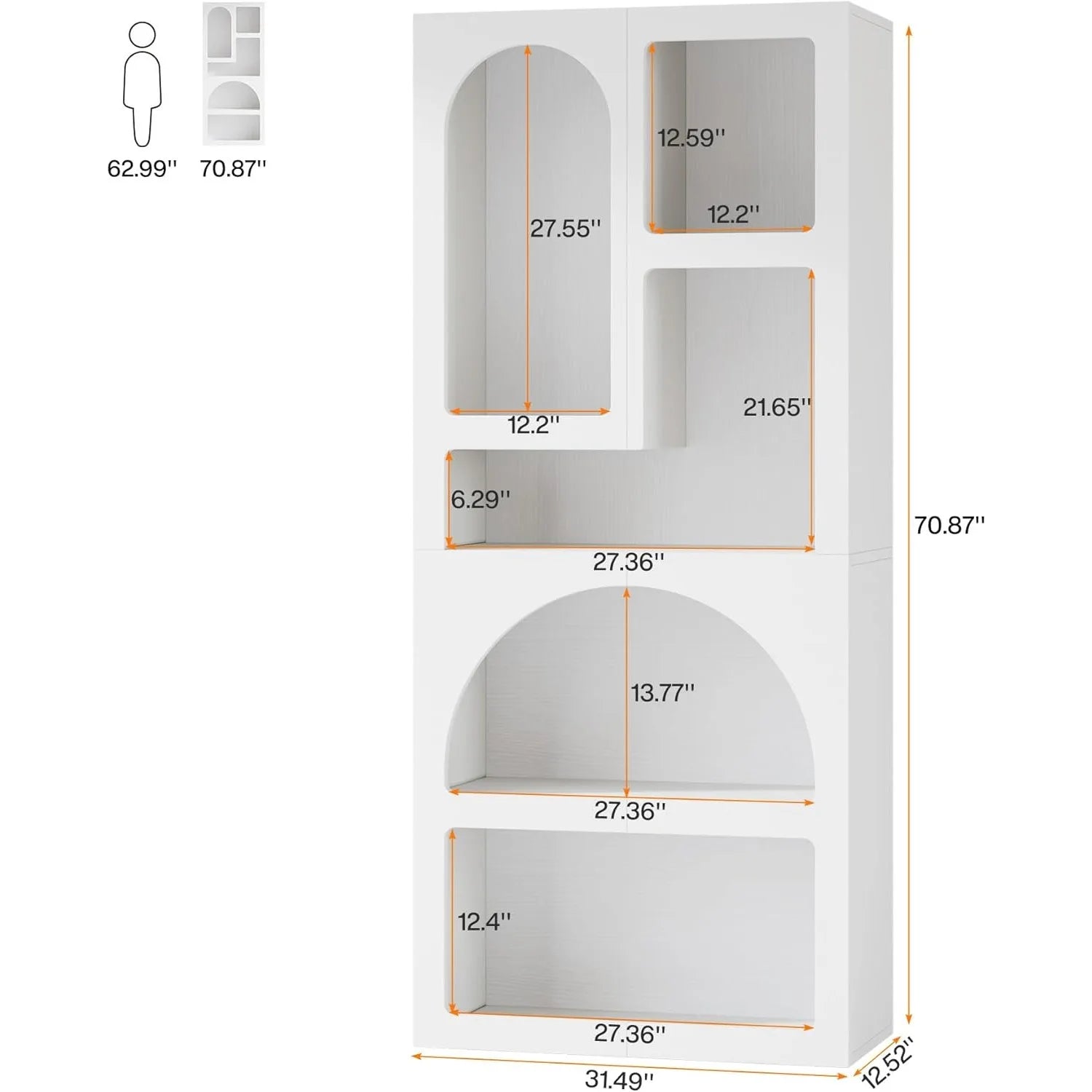 70.87" Tall Geometric Bookshelf, White Arched Bookcase, 5 Irregular Shelves
