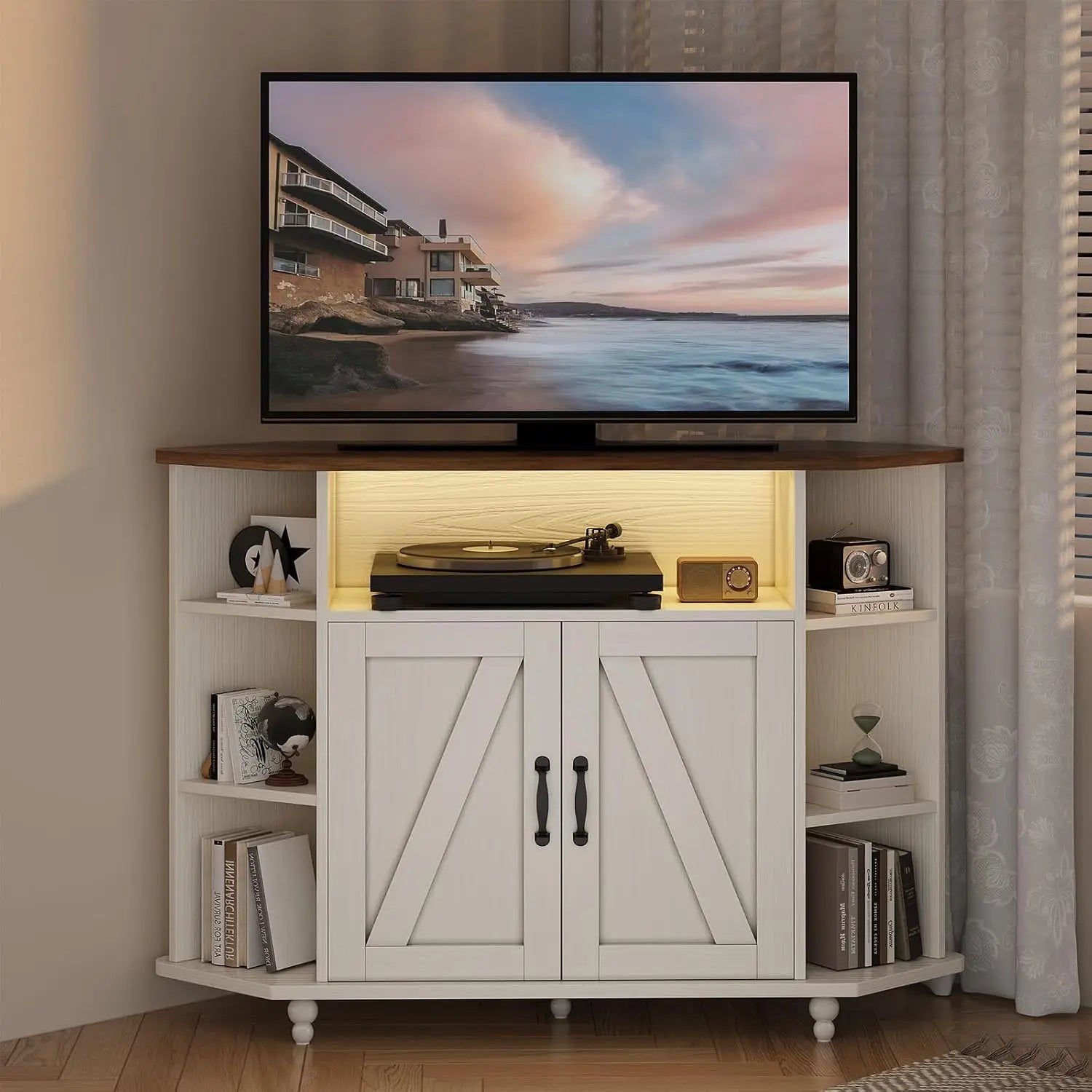 Corner Farmhouse Entertainment Center 50IN, LED Lights, Adjustable Shelves Barn Doors