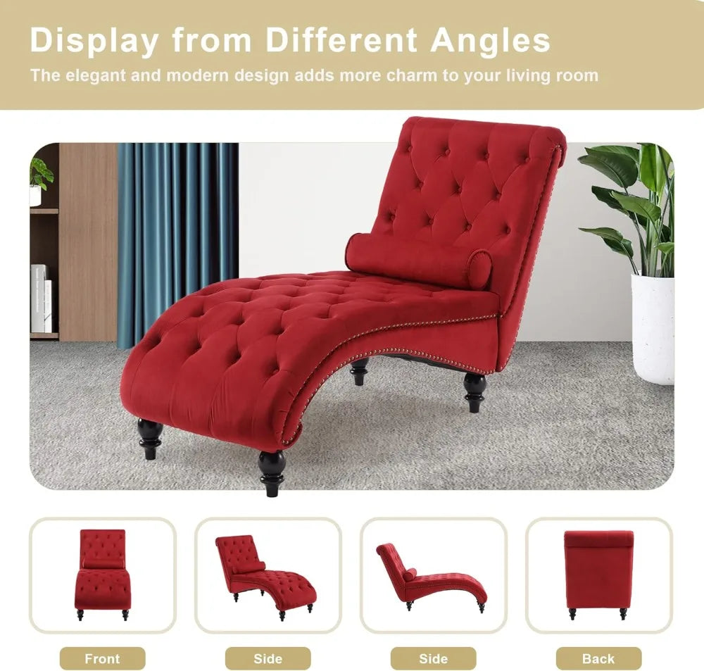 Velvet Upholstered Chaise Lounge with Pillow, Tufted Armless Recliner, Red