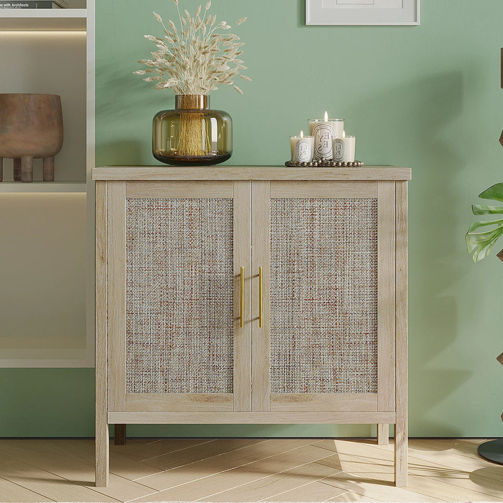 Buffet Cabinet Sideboard with Rattan Decorated Doors, Storage Cupboard