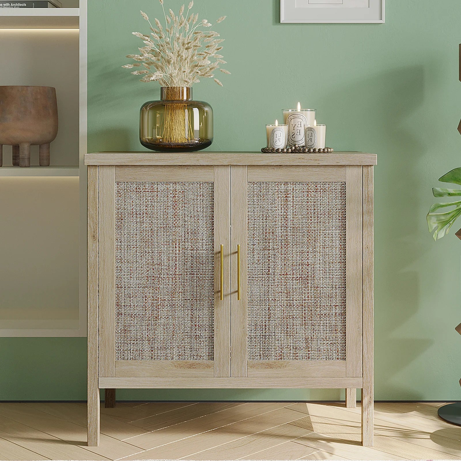 Buffet Cabinet Sideboard with Rattan Decorated Doors, Storage Cupboard