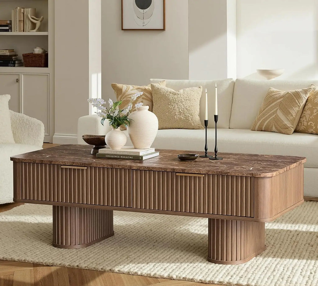 Fluted Coffee Table Storage, Faux Marble Top, Minimalist Rectangle Shape