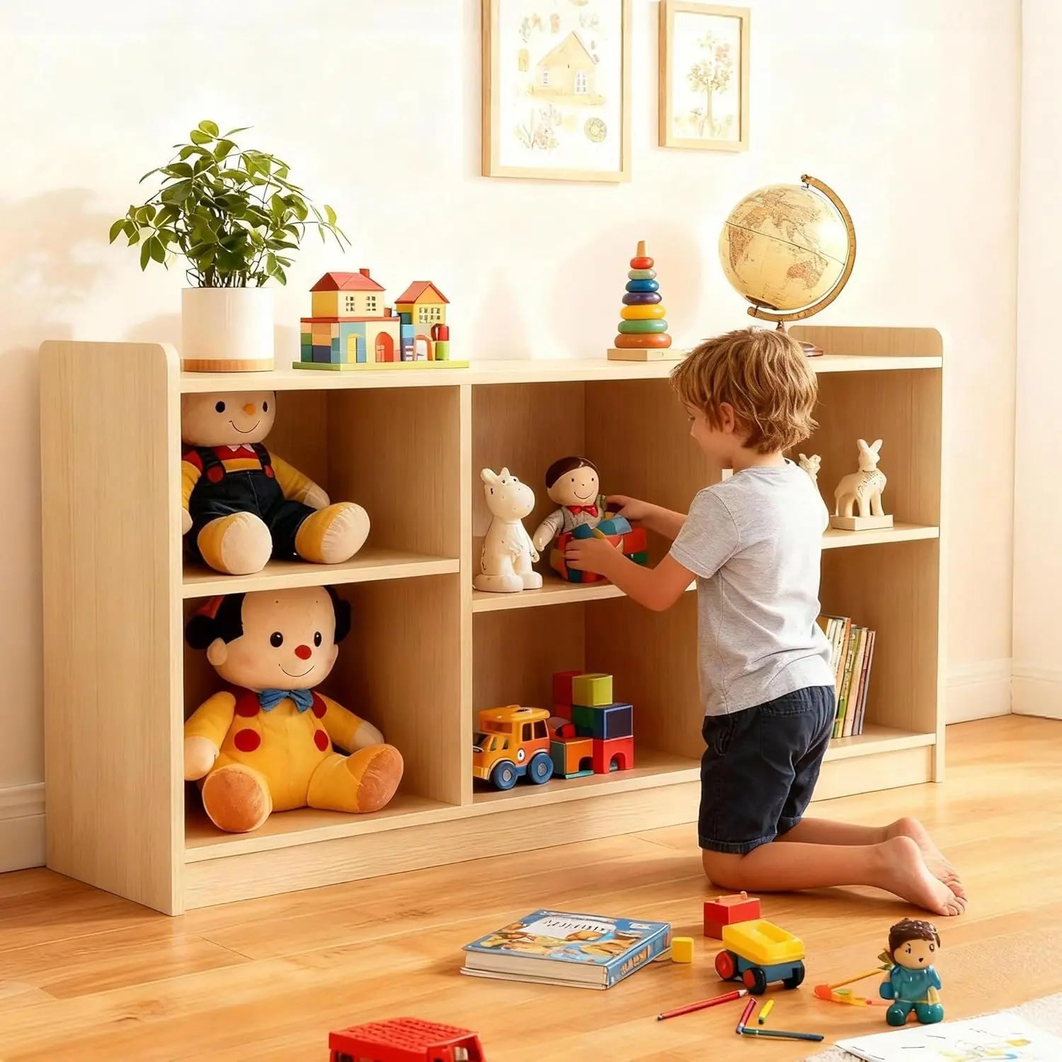 6-Shelf Montessori Toy Organizer, Bookcase with Adjustable Dividers, Natural