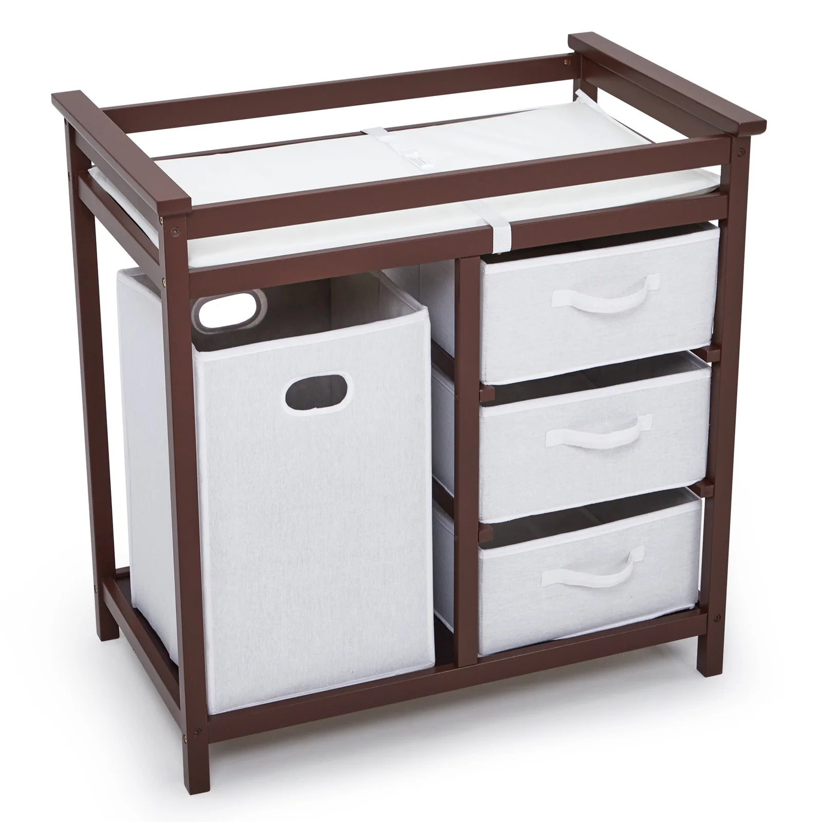 StrollerWooden Baby Changing Table, Wooden Infant Diaper Changing Station Dresser with Laundry Hamper, 3 Drawer Basket and Chang