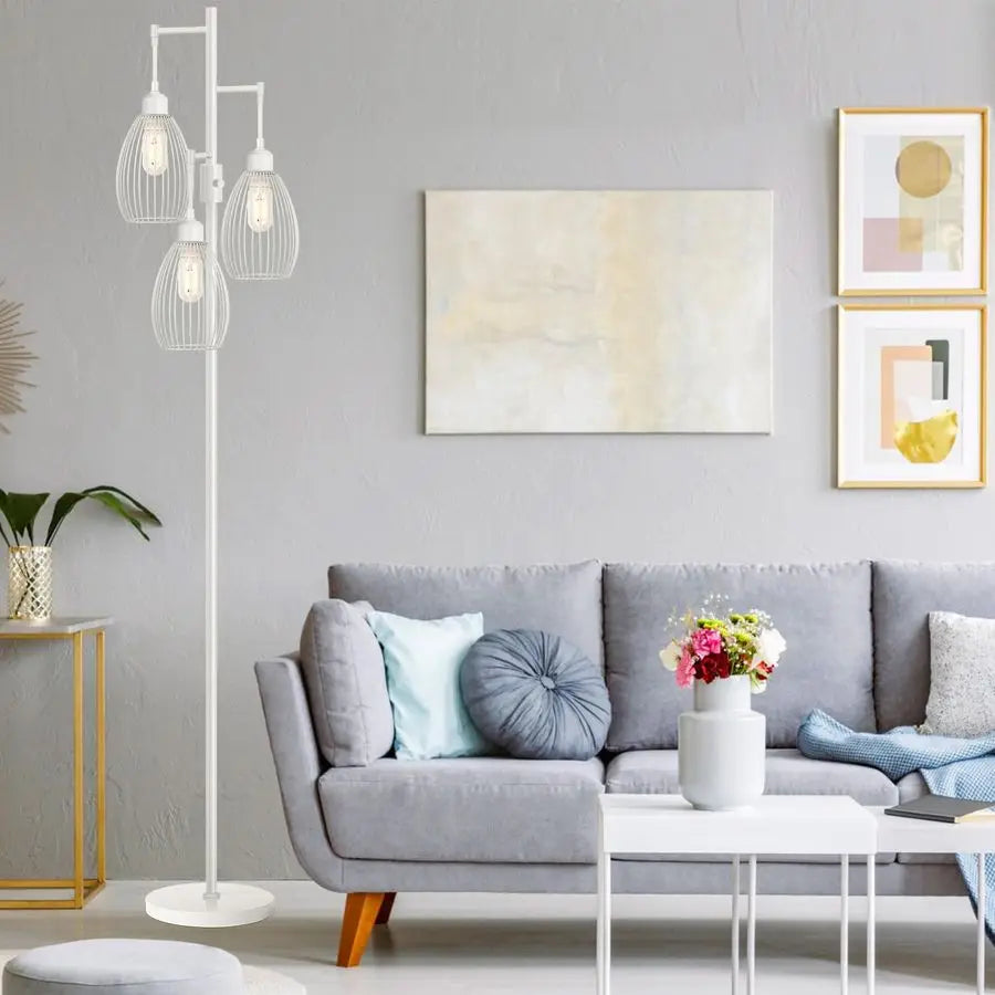 Floor Lamp, 3 x 800LM LED Edison Bulbs Included, Elegant Teardrop Cage