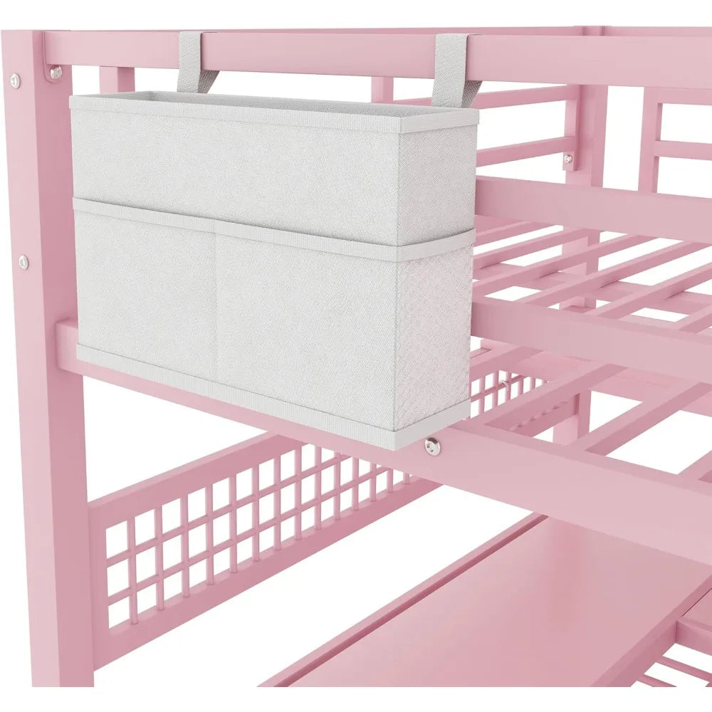 Full Size Loft Bed Frame w/Stairs, Desk, Storage Staircase, Charging Station & LED Light