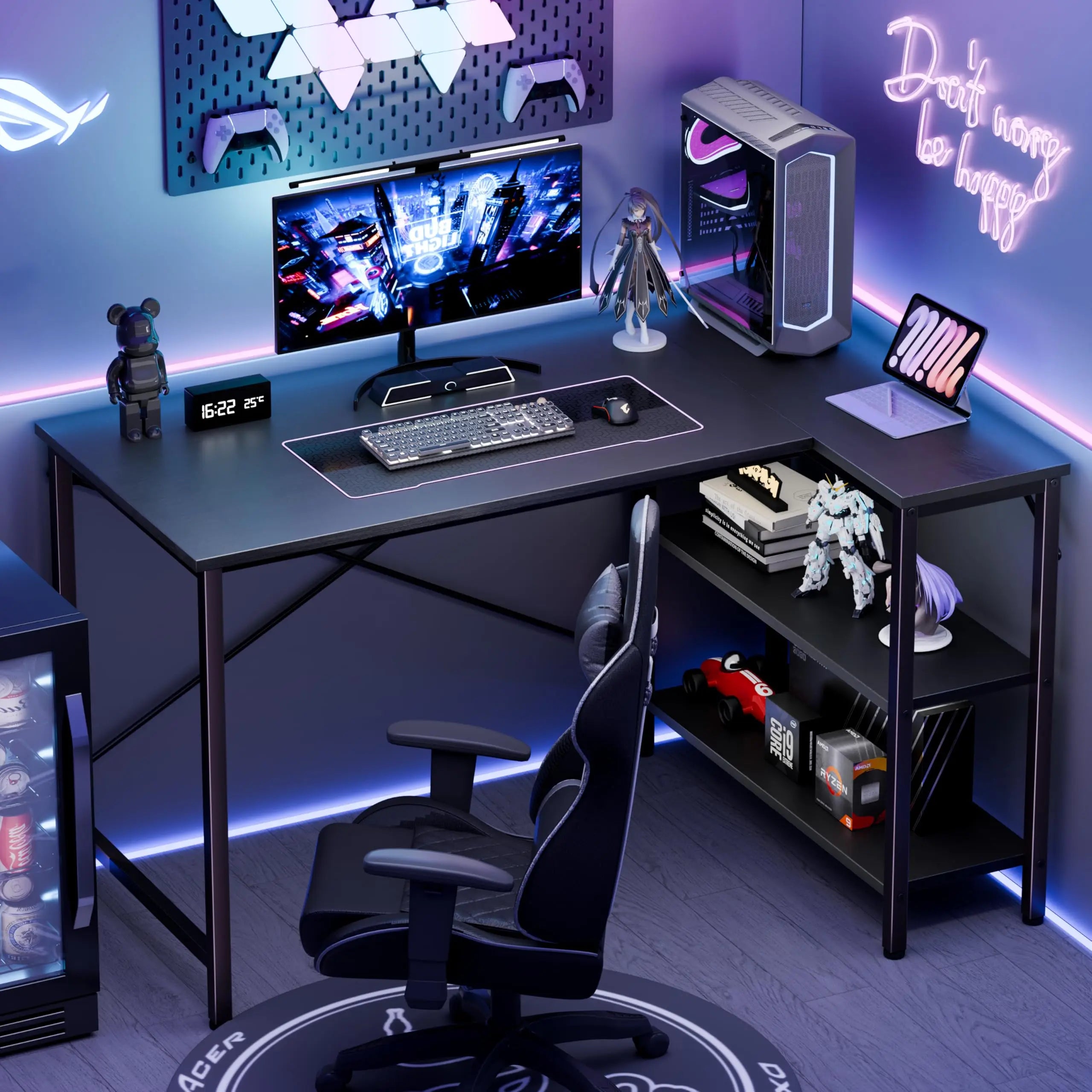 L-Shape Computer-Gaming Desk 47IN Corner Desks Reversible Shelves