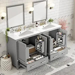 60" Separate 30" Double Sink Solid Wood 2 Cabinets 2 Drawers