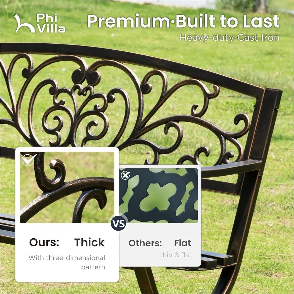 50in Copper Cast Iron Steel Bench, Chair w/Floral Backrest Slatted Seat
