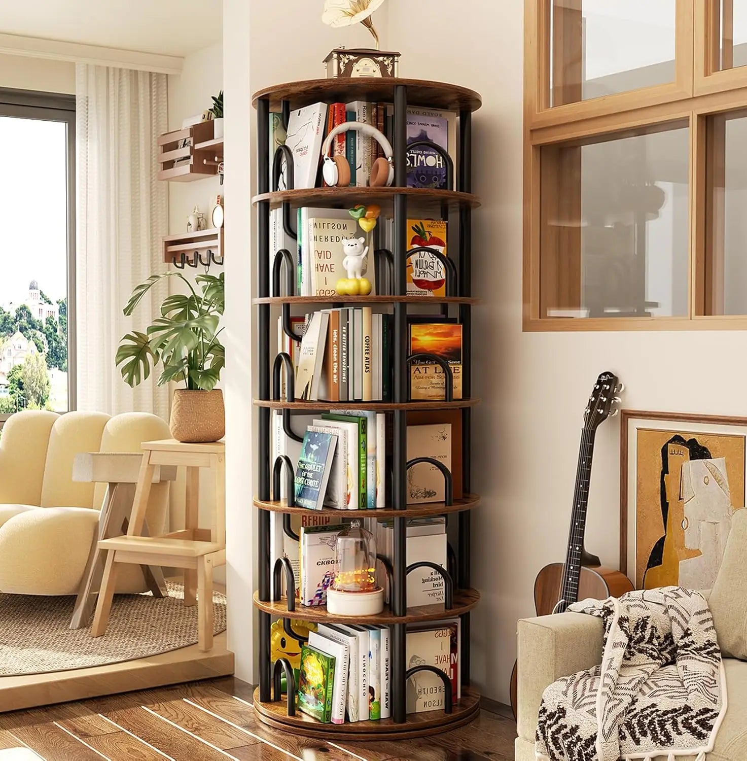 6-Tier Rotating Tower, 360° Spinning Bookcase, Narrow Swivel Organizer