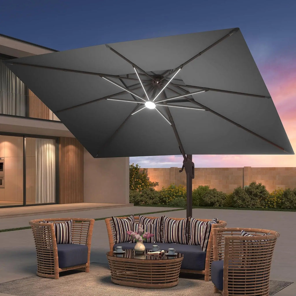 9x12FT Heavy-Duty Rectangle Aluminum Offset Cantilever Umbrella, LED Lights