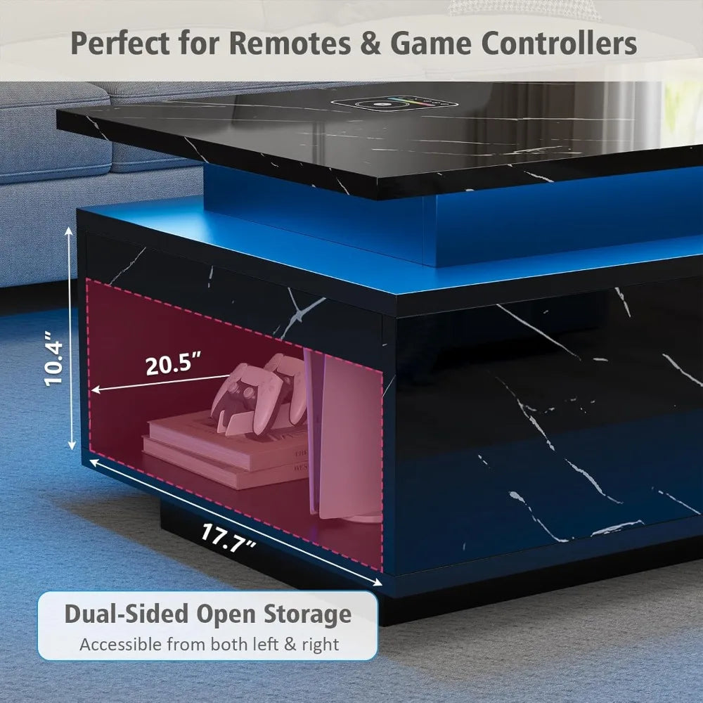 High Gloss Black Coffee Table LED, Storage, Wireless Charging, Speaker