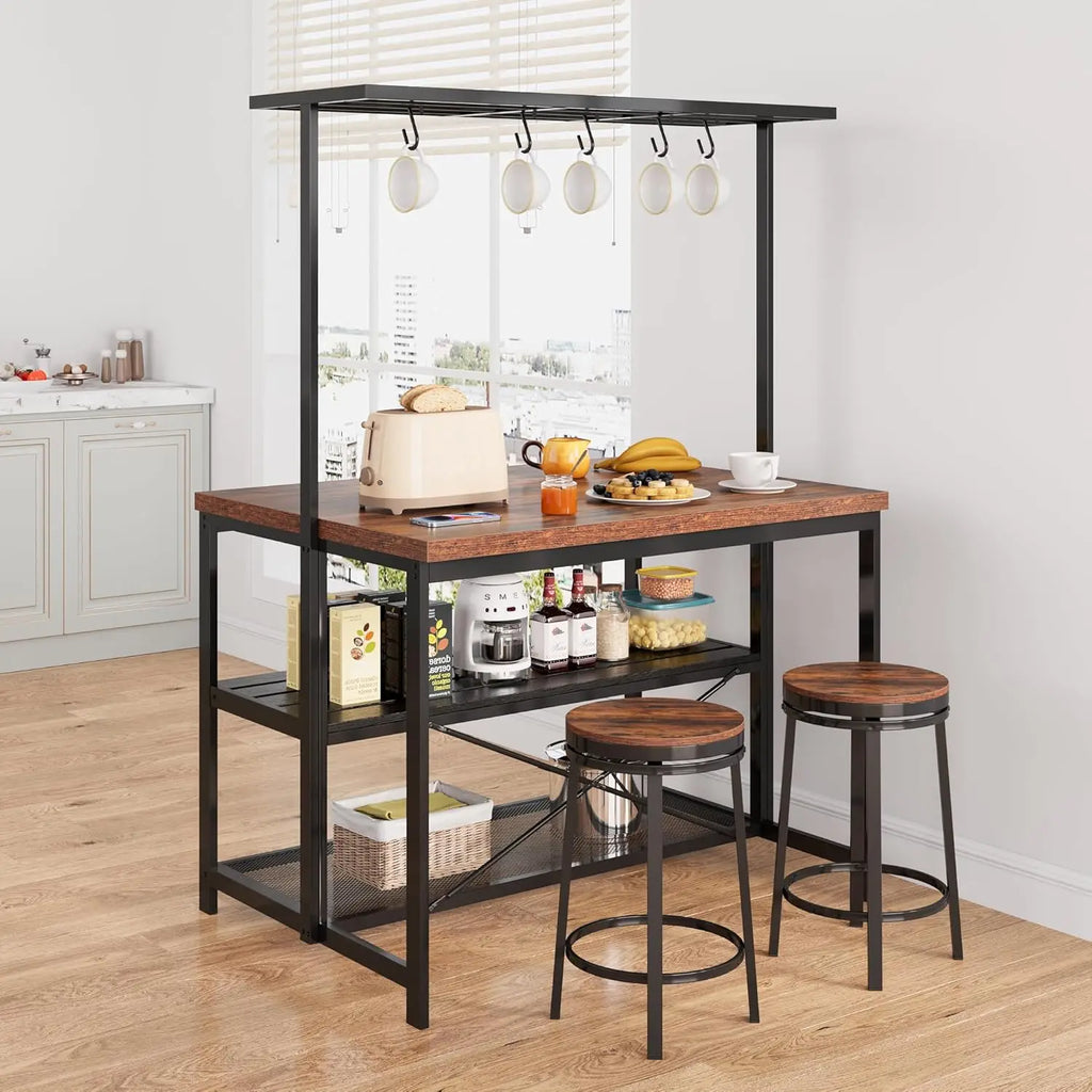 42" Island Storage Seating, 3-Tier Baker's Rack, Microwave Stand, Hooks 50lb Capacity