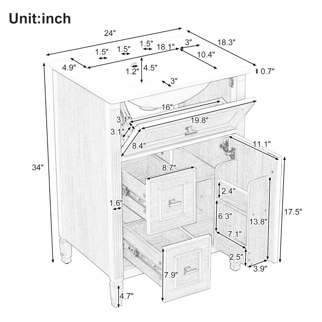 24-inch Vanity Flip Drawer Single Storage Cabinet 2 Drawers