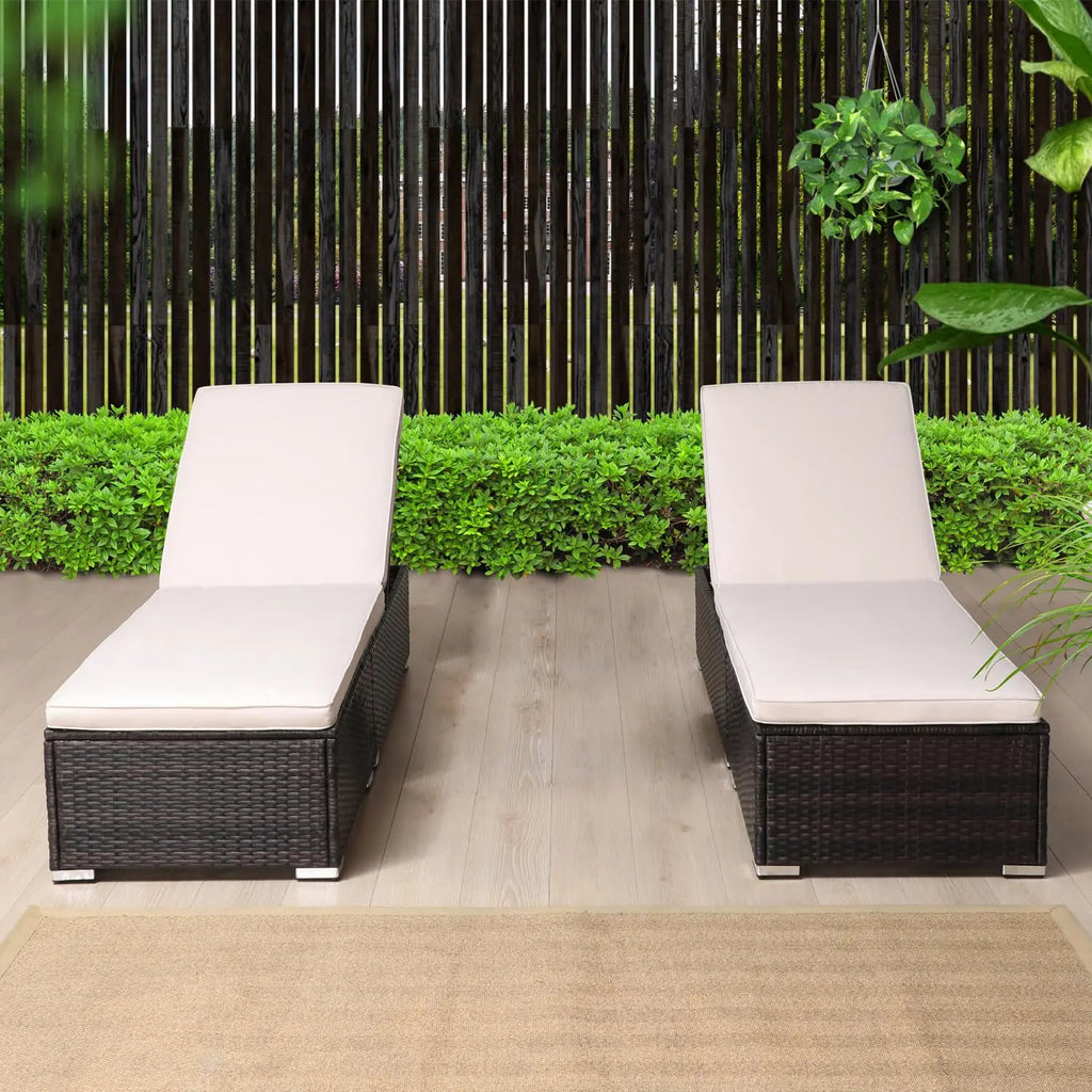 Outdoor PE Wicker Adjustable Reclining Chaise Lounge Set, 2 Cushions