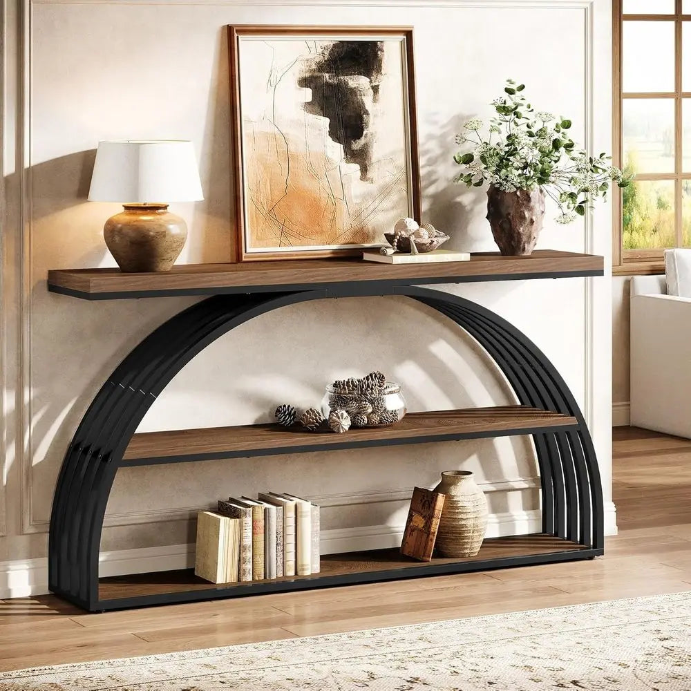 63-Inch Arched Table 3-Tier Shelf  Rustic Brown & Black