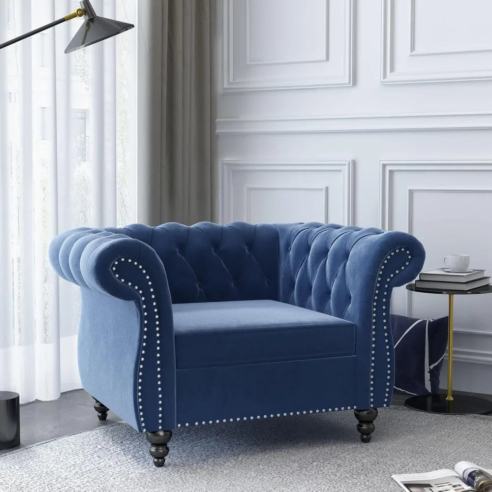 3-Piece Set, Velvet Chesterfield Sofa, Loveseat, Chair with Scroll Arms