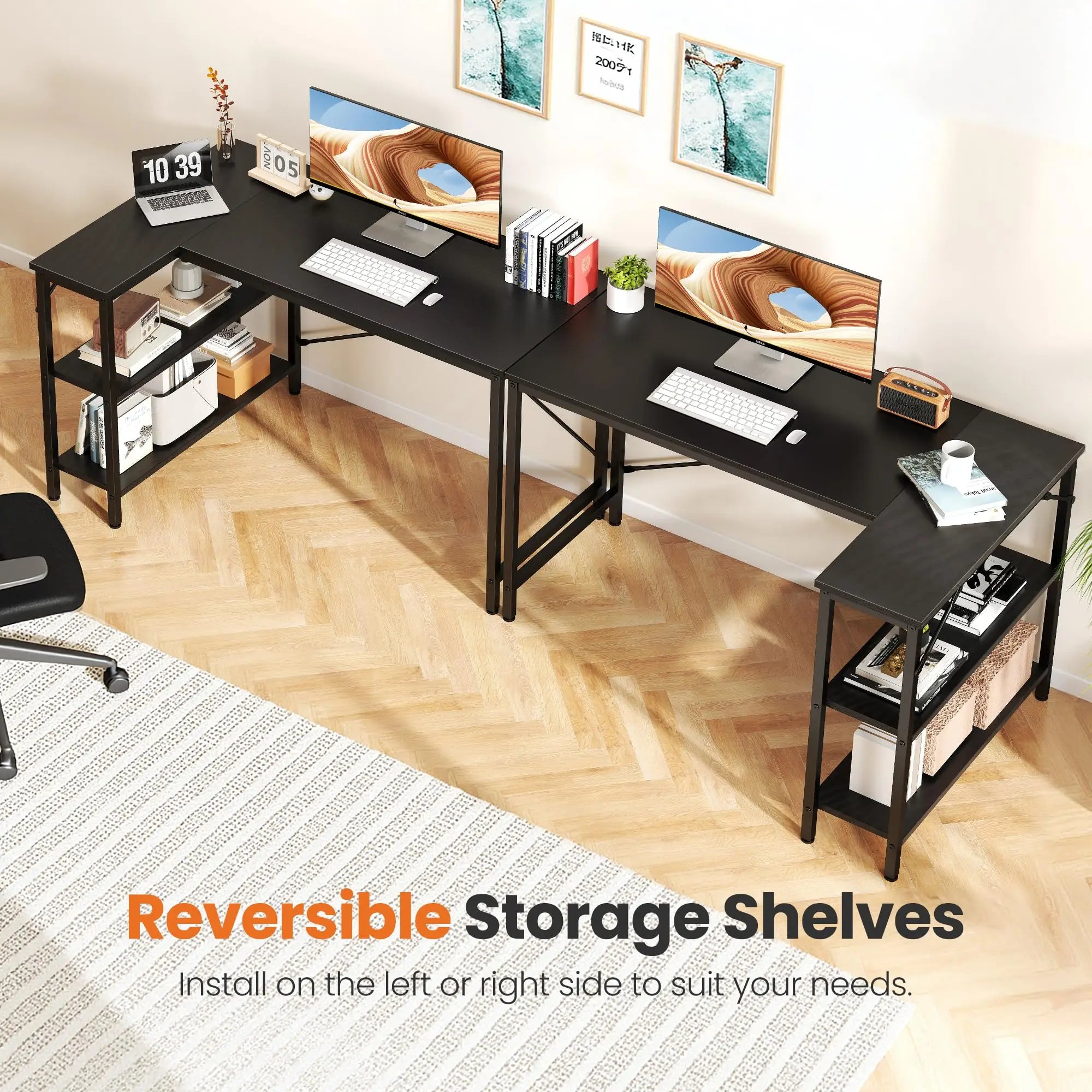 L-Shape Computer-Gaming Desk 47IN Corner Desks Reversible Shelves