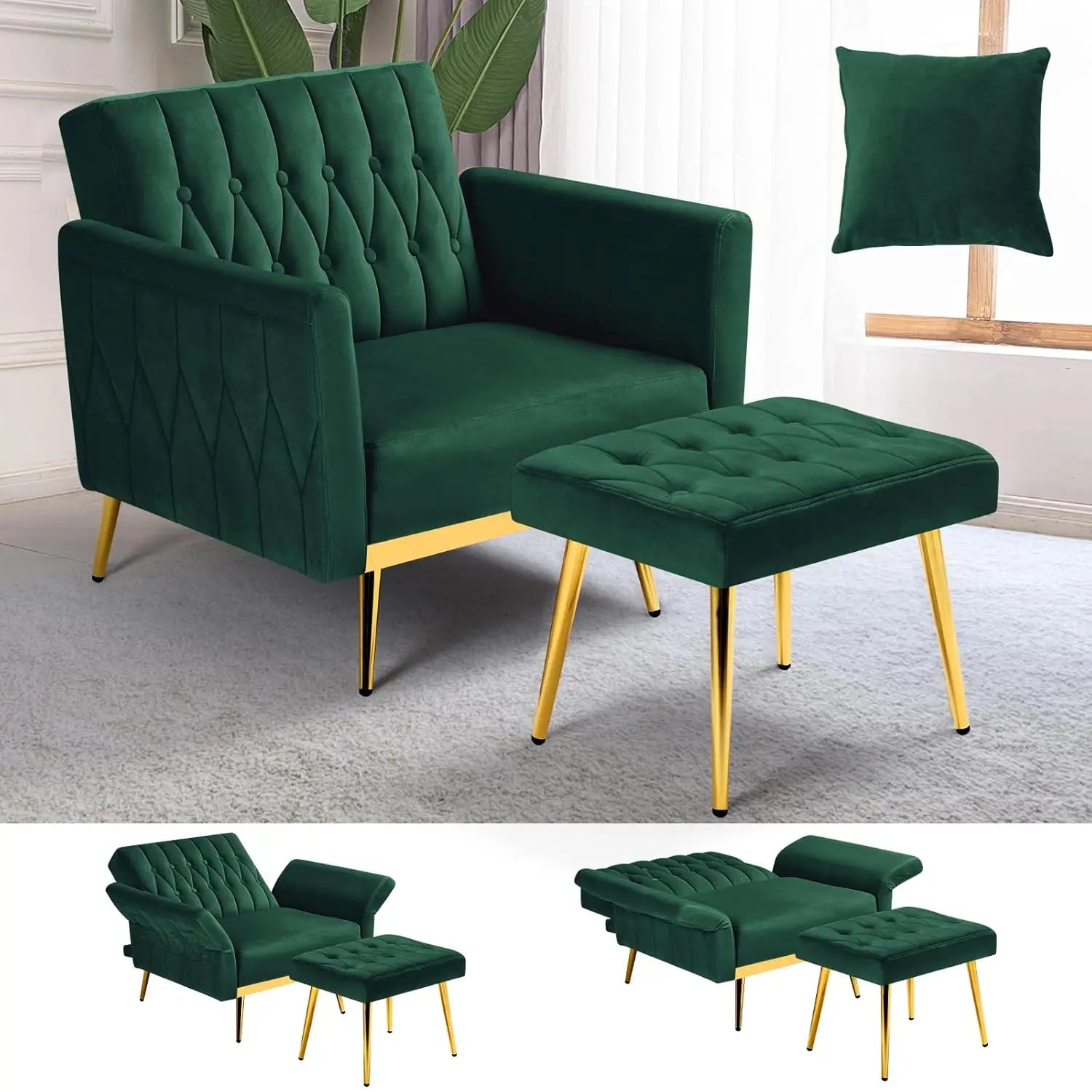 Velvet Recliner Chair Adjustable Armrests and Backrest, Button Tufted Chair