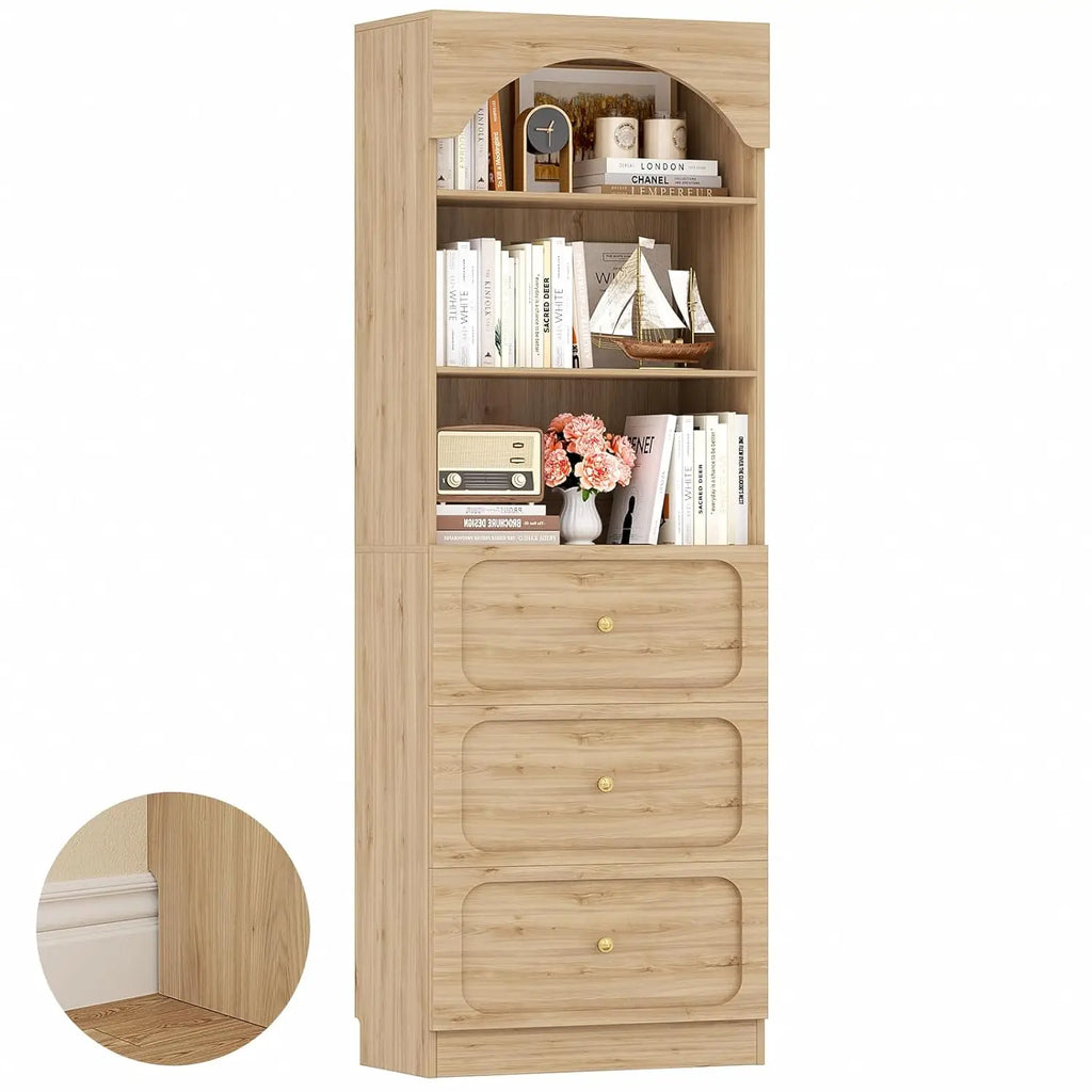80" Wooden Arched Bookcase 3 Drawers 3-Tier Open Shelves