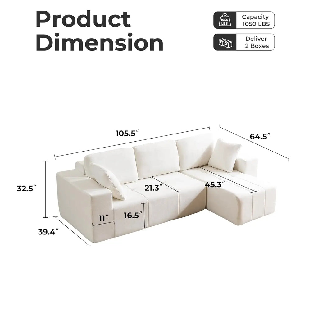 105" Boneless Cloud Chenille Upholstered L-Shape Sofa with Chaise