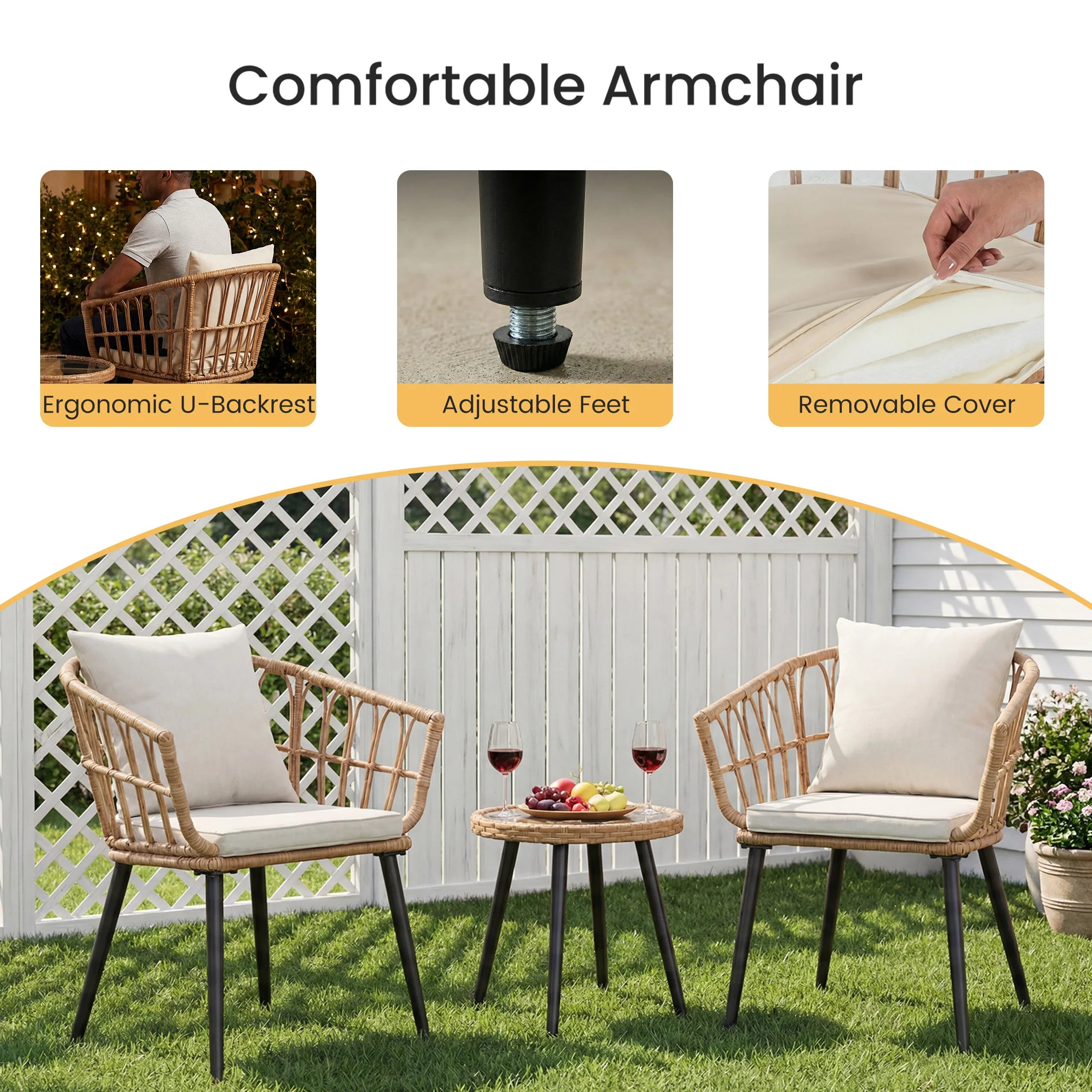 3 Pieces Wicker Set Soft Cushion Glass Steel Frame Table