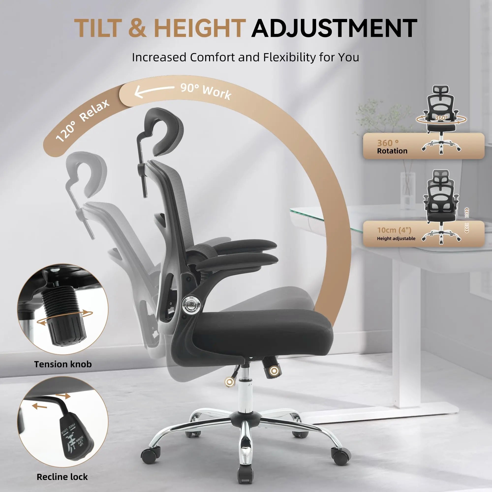 Ergonomic High-Back Mesh, Adjustable Headrest, Lumbar Support. 360° Swivel, Rolling