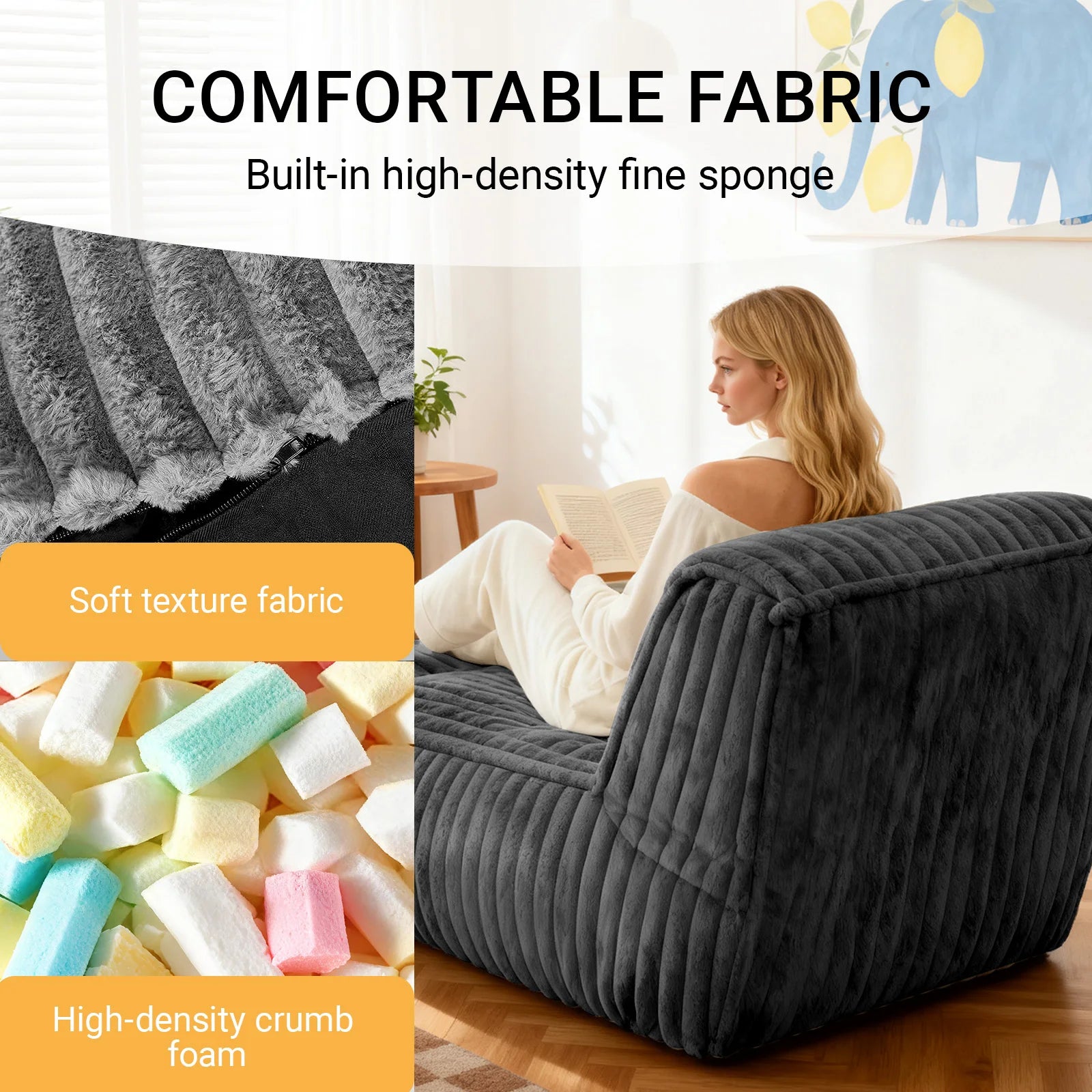 Convertible Sofa Bed, Chaise Lounge, 3-Zone Ergonomic Support Breathable Corduroy