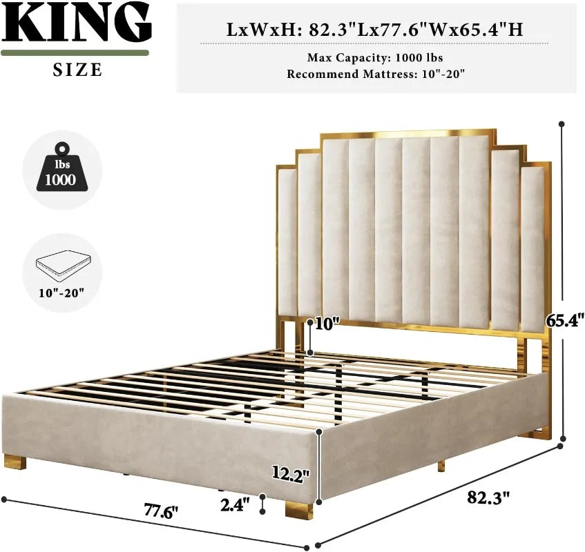 Velvet Bed Frame w/65.4” Tall Gold Trim Headboard, No Box Spring Needed