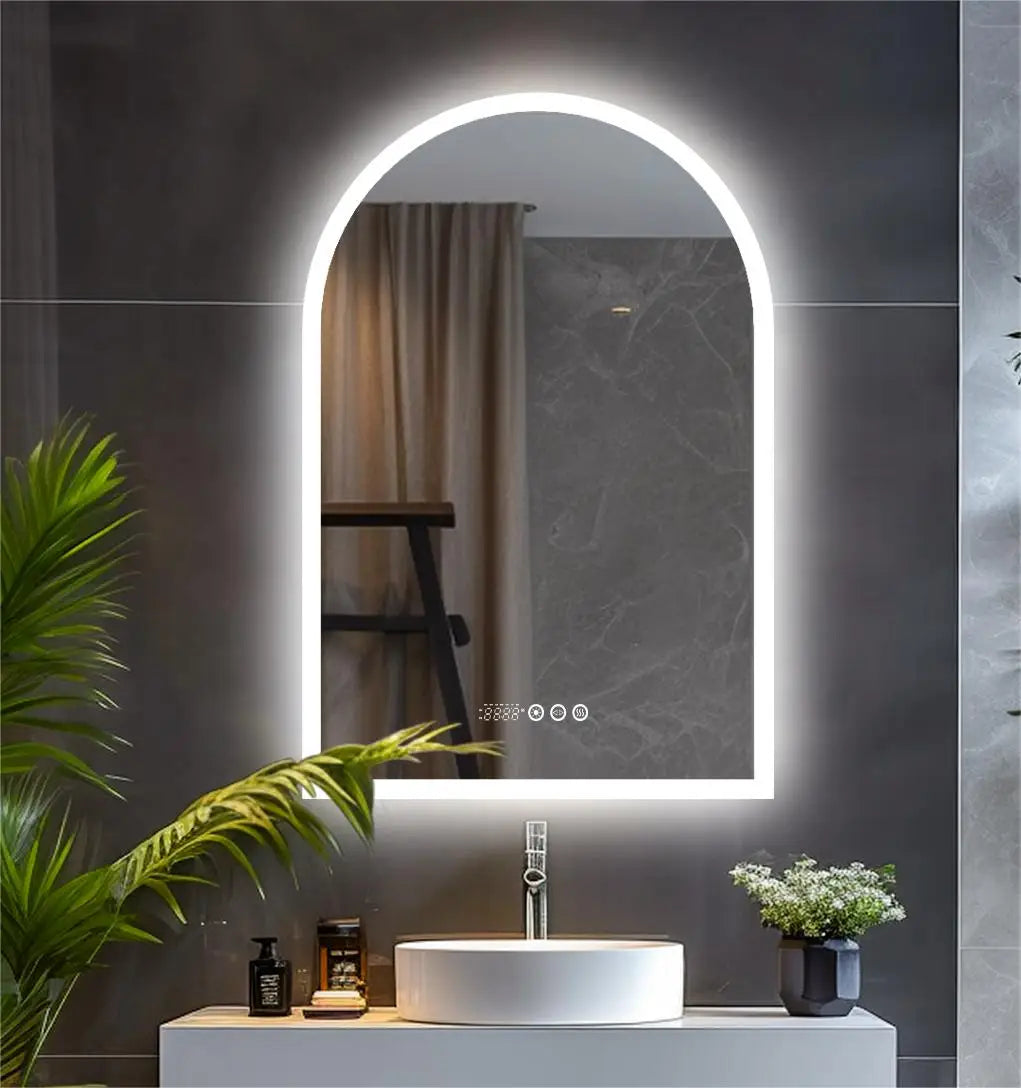 60x90CM Arched LED Mirror Backlit Frameless Antifog Time/Temperature Display