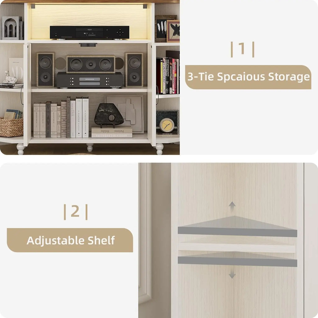 Corner Farmhouse Entertainment Center 50IN, LED Lights, Adjustable Shelves Barn Doors