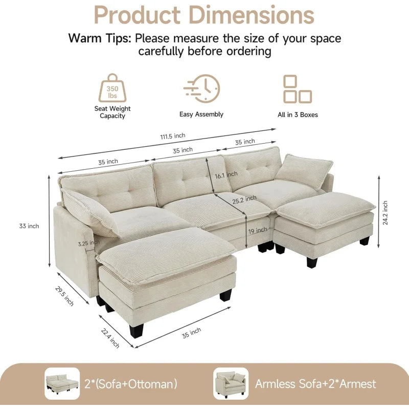 111.5 U-Shaped Corduroy Sectional 3-Seater Cloud Couch