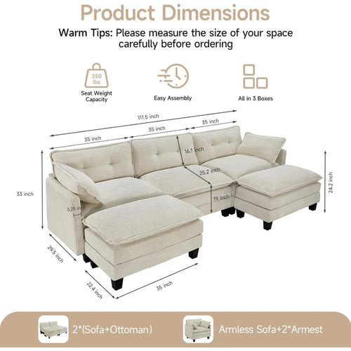 111.5 U-Shaped Corduroy Sectional 3-Seater Cloud Couch