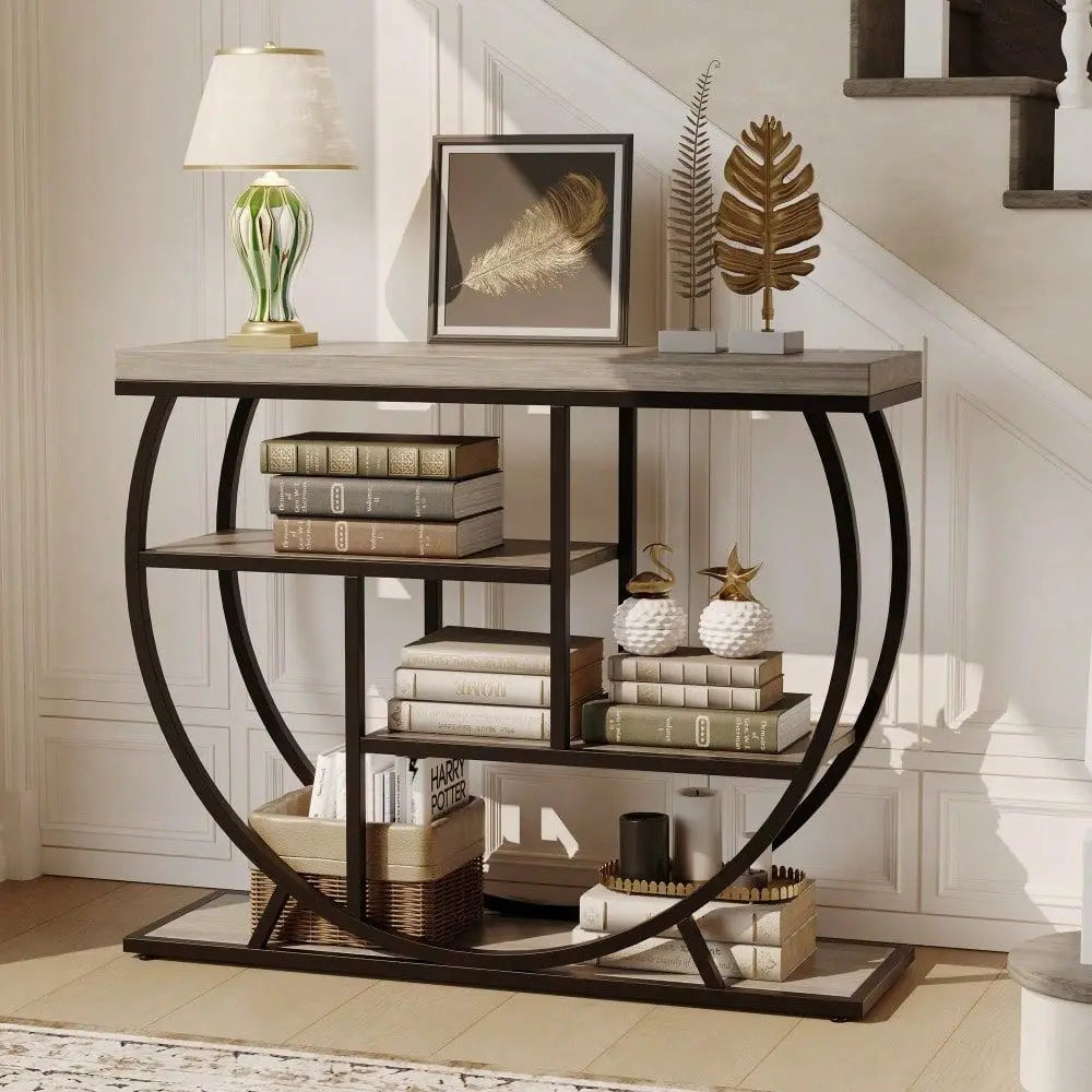 4-Tier Narrow Circle Base Wooden Sofa Table, Metal Frame