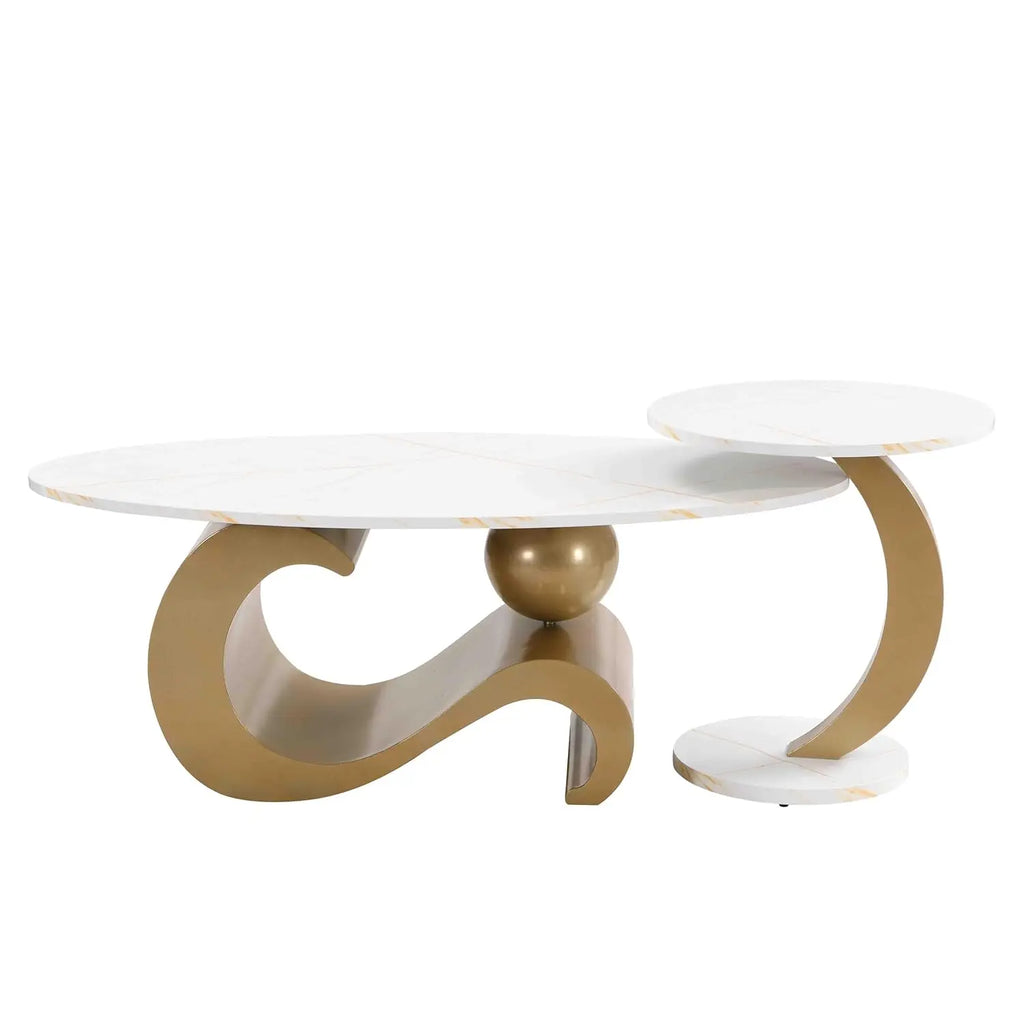 Coffee Table, Silver Stainless Steel Pedestal Oval Faux Marble Top.