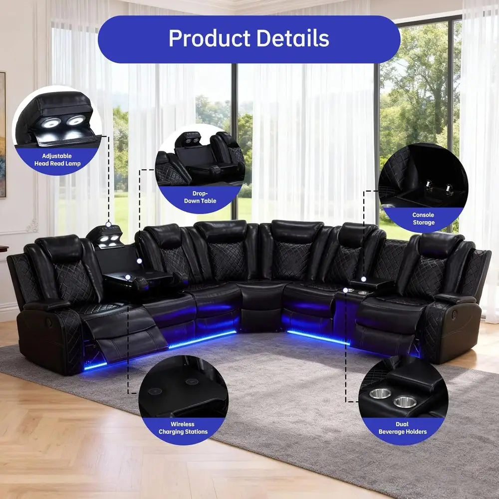 Leather Reclining Sectional Sofa LED Lights, Cup Holders, Storage