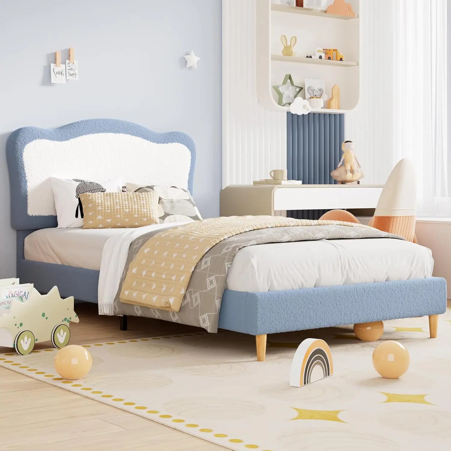Twin Upholstered Bed, Scallop Headboard Velvet Platform Wooden Slats Noise Free