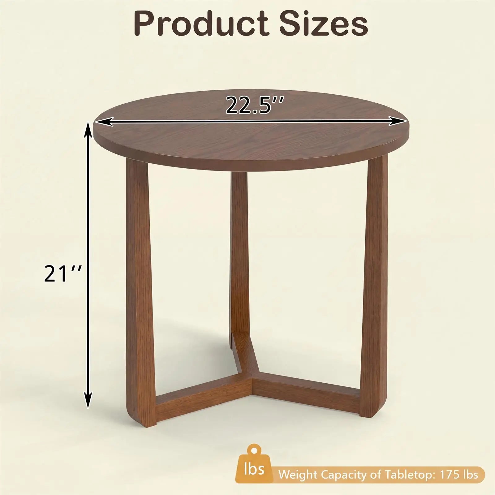 Round Side Table w/ Sturdy Rubber Wood Legs & Triangular Structure