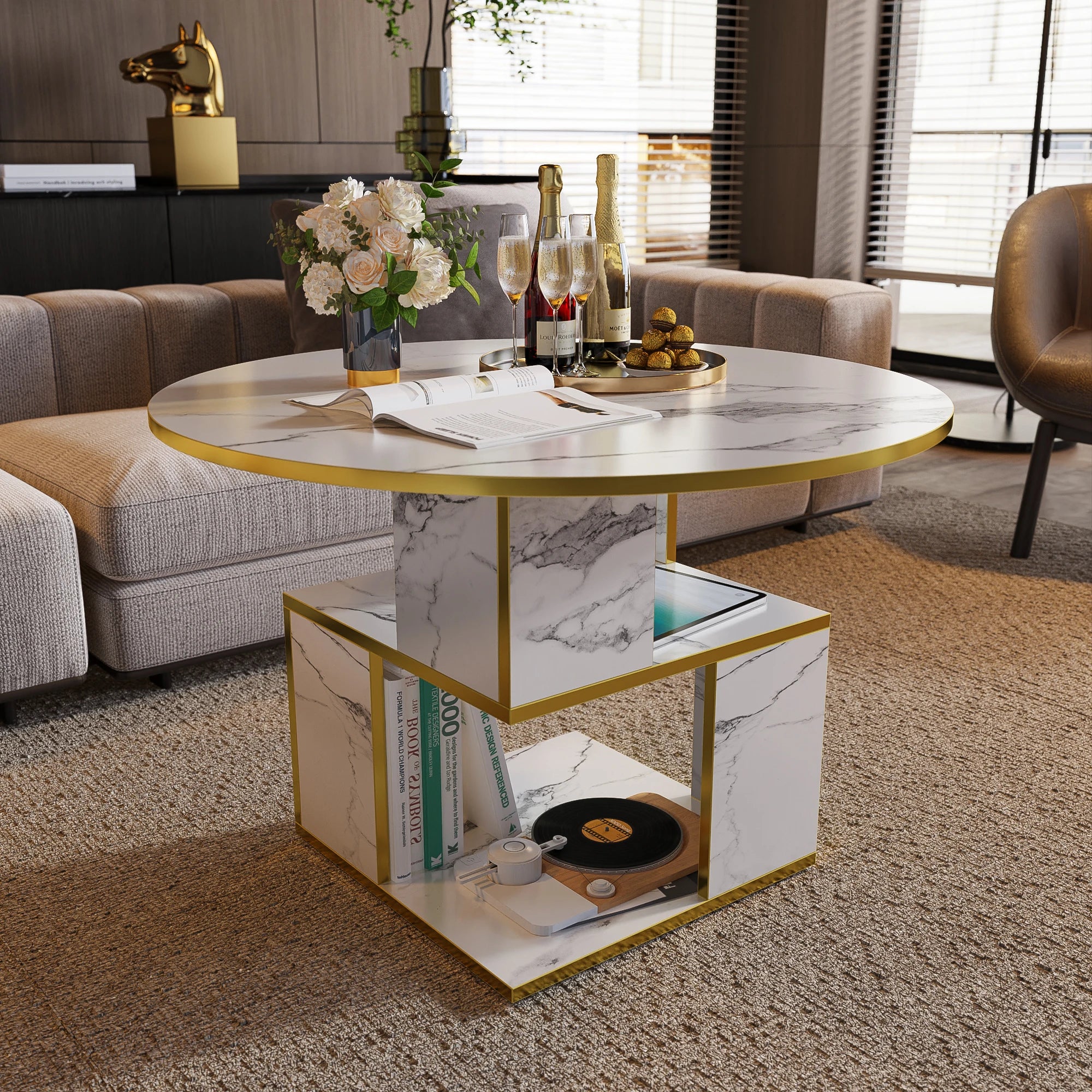 3-Tier Coffee Table, Storage, Wooden Tabletop-Marble White Gold Frame