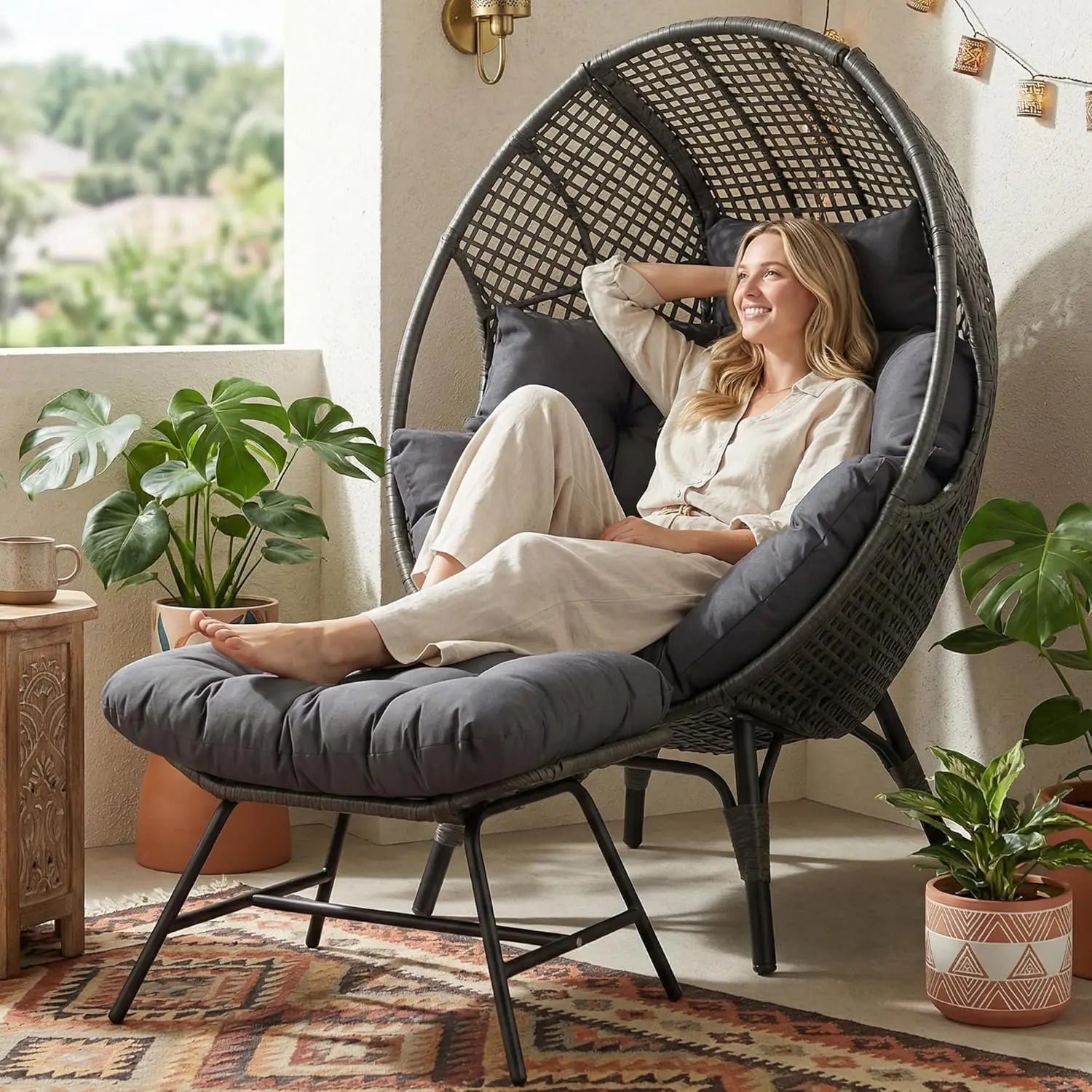 Indoor Outdoor Egg Chair Ottoman Thick Cushioned Lounge 440lbs