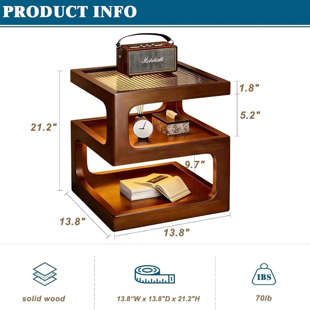 Walnut 3-Open Tier, Tempered Glass Top Nightstand, LED Light.