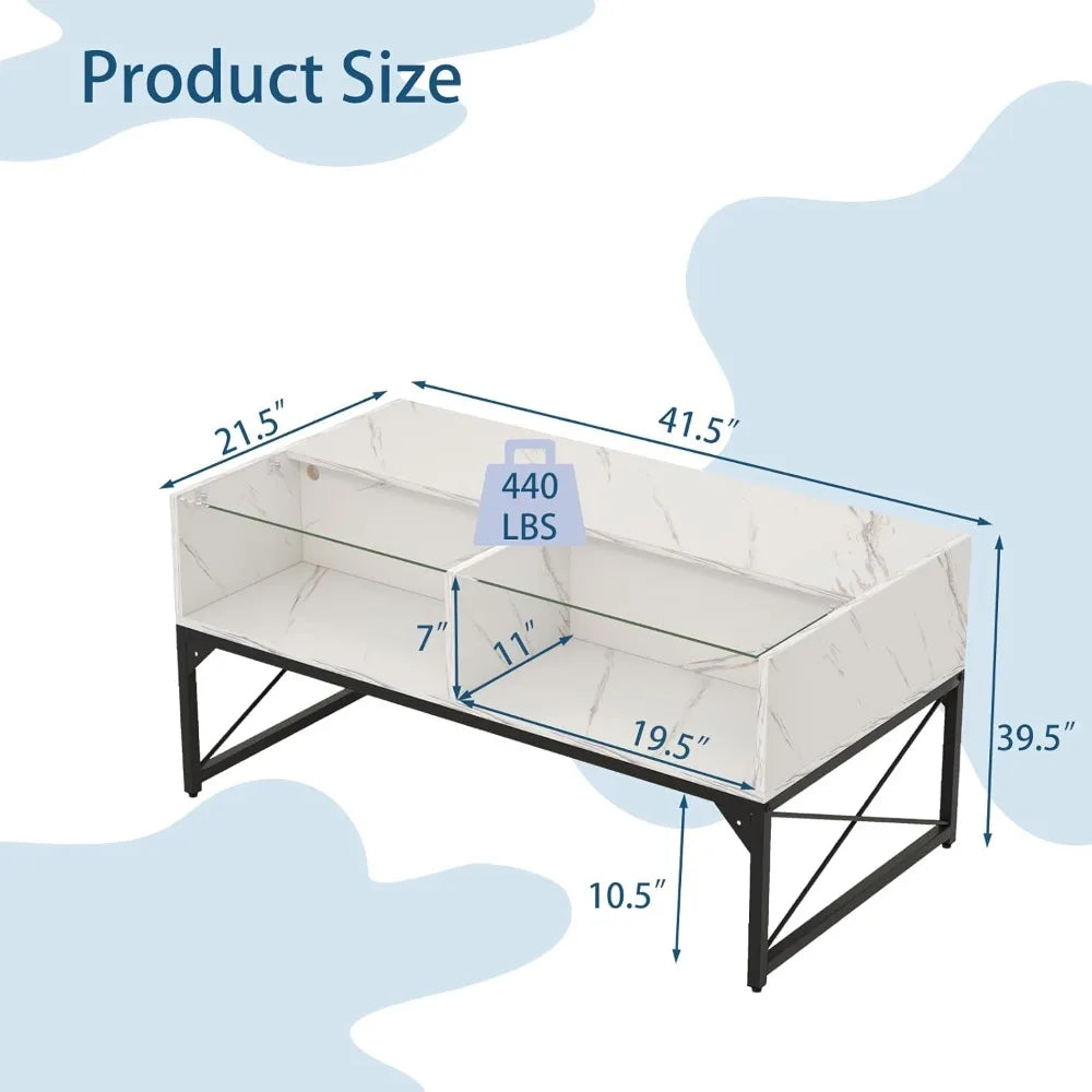 LED High Gloss Faux Marble Tempered Glass Top Coffee Table 4 Cubes