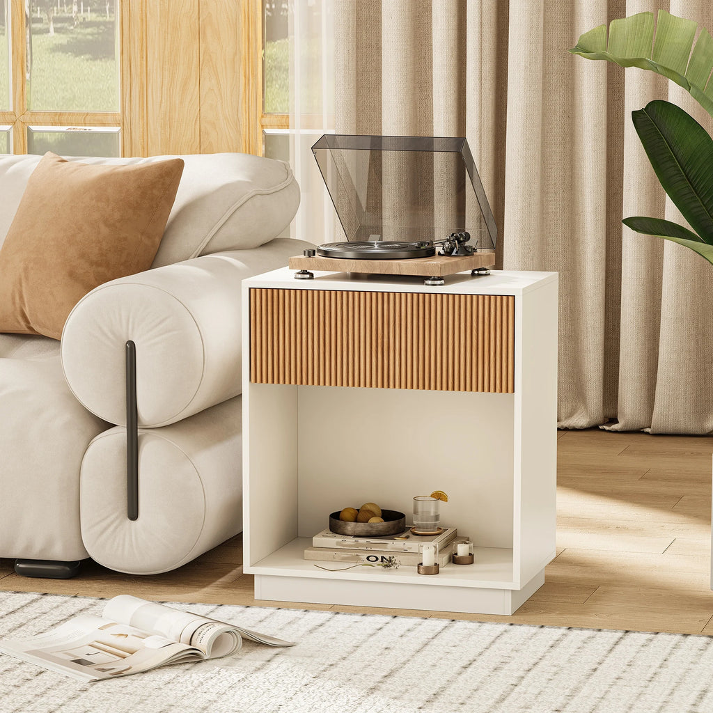 Fluted Nightstands Set Of 2, Wood, Drawer, Open Storage Shelf,