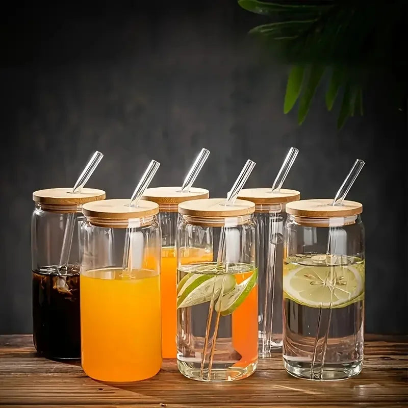 6pcs 18.6oz/550ml Drinking Glasses Bamboo Lids Glass Straw