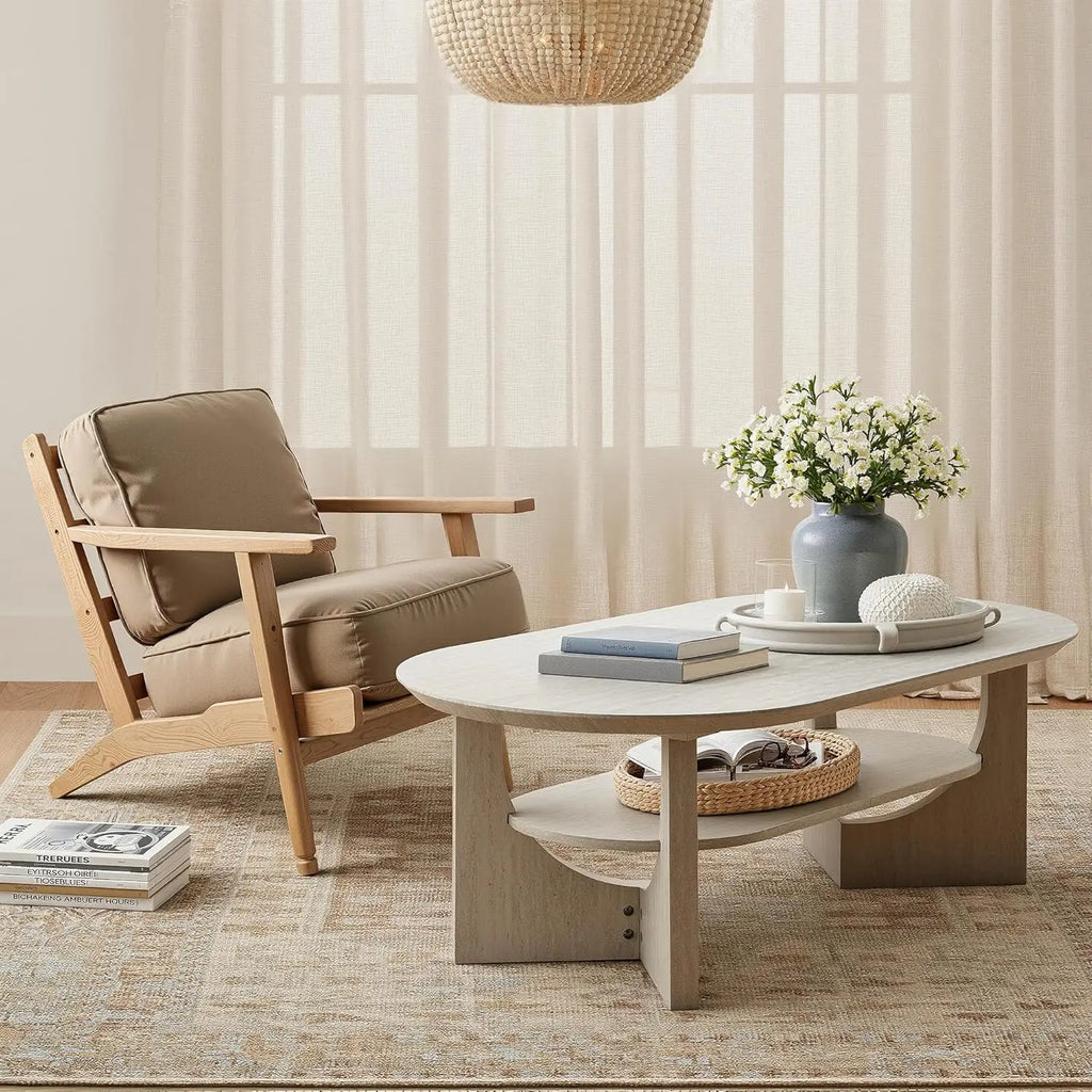 Oval 47IN Coffee Table, 2-Tier Faux Stone, Storage Shelf