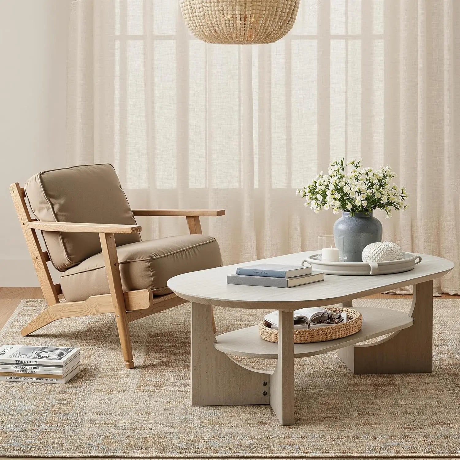 Oval 47IN Coffee Table, 2-Tier Faux Stone, Storage Shelf