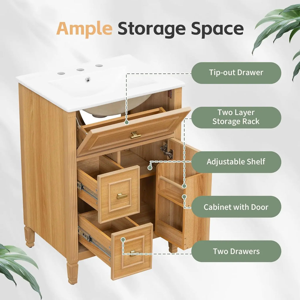 24-inch Vanity Flip Drawer Single Storage Cabinet 2 Drawers