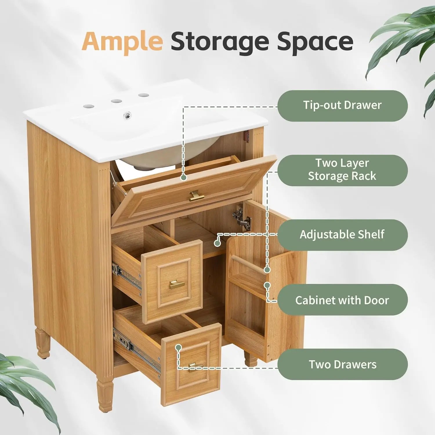 24-inch Vanity Flip Drawer Single Storage Cabinet 2 Drawers