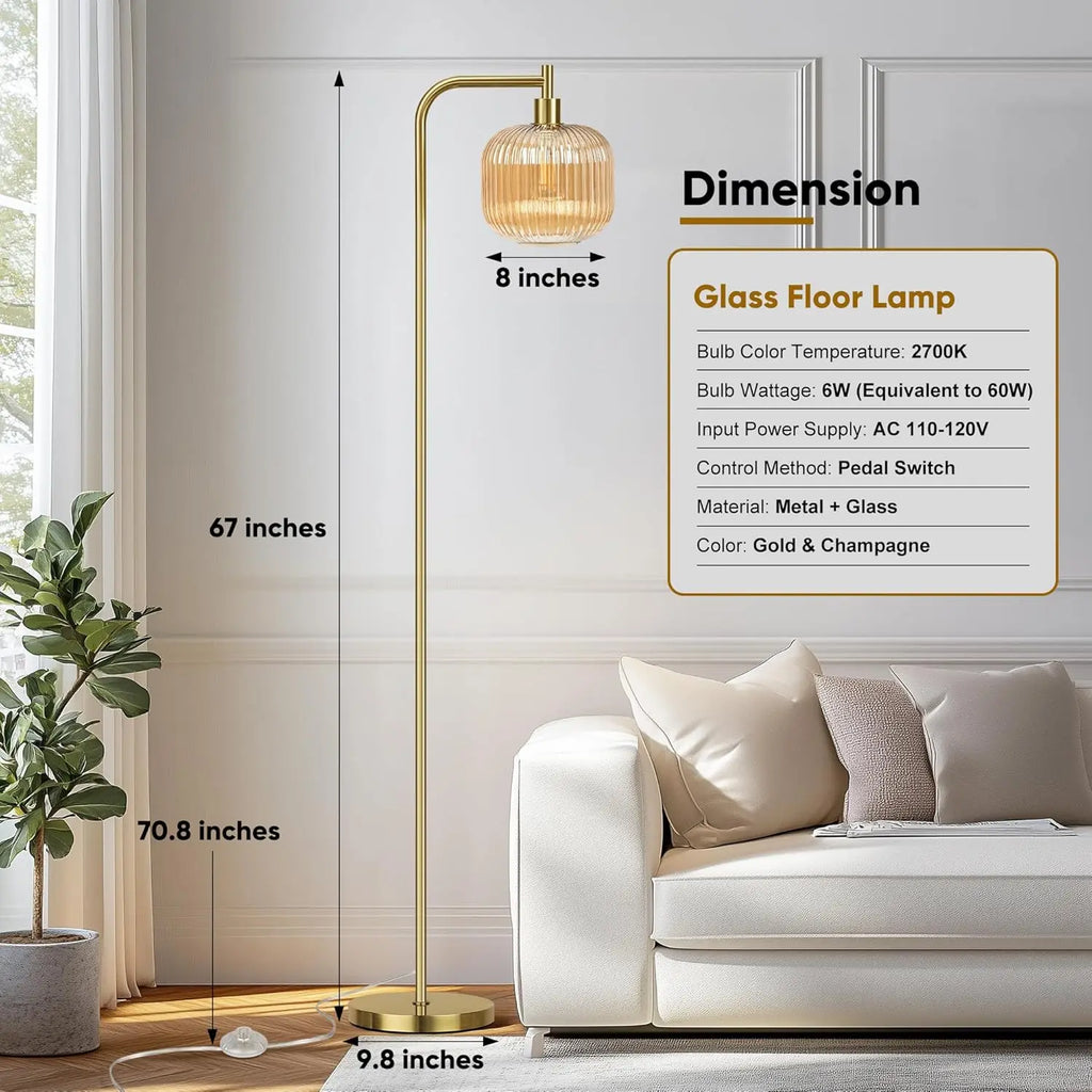 67" Glass Floor Lamp Ribbed Champagne Shade, Brushed Gold Finish